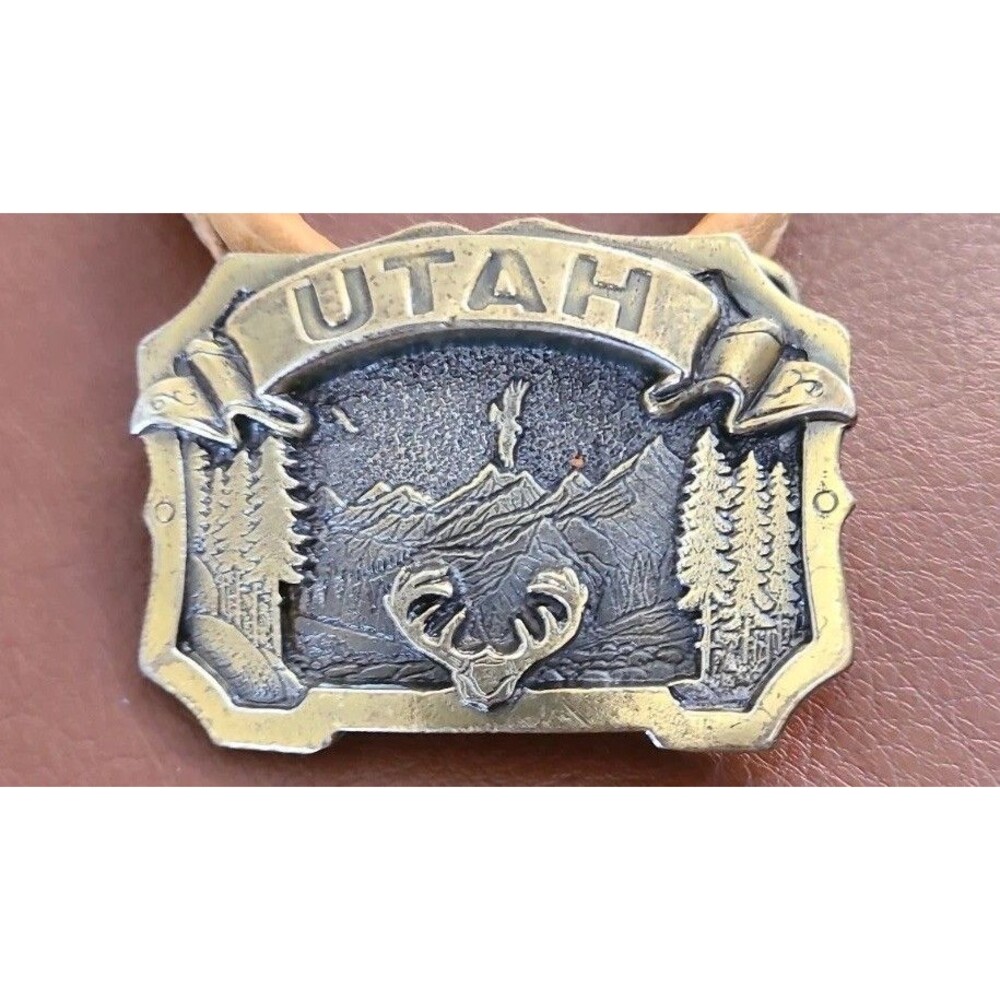 Vtg 80's State Idaho Eagles Deer Wilderness Bears Belt Buckle Great American '82
